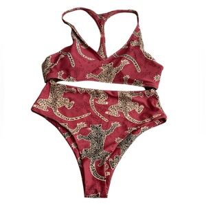 Leopard Print Razor Back Red and Black Size Small Bikini